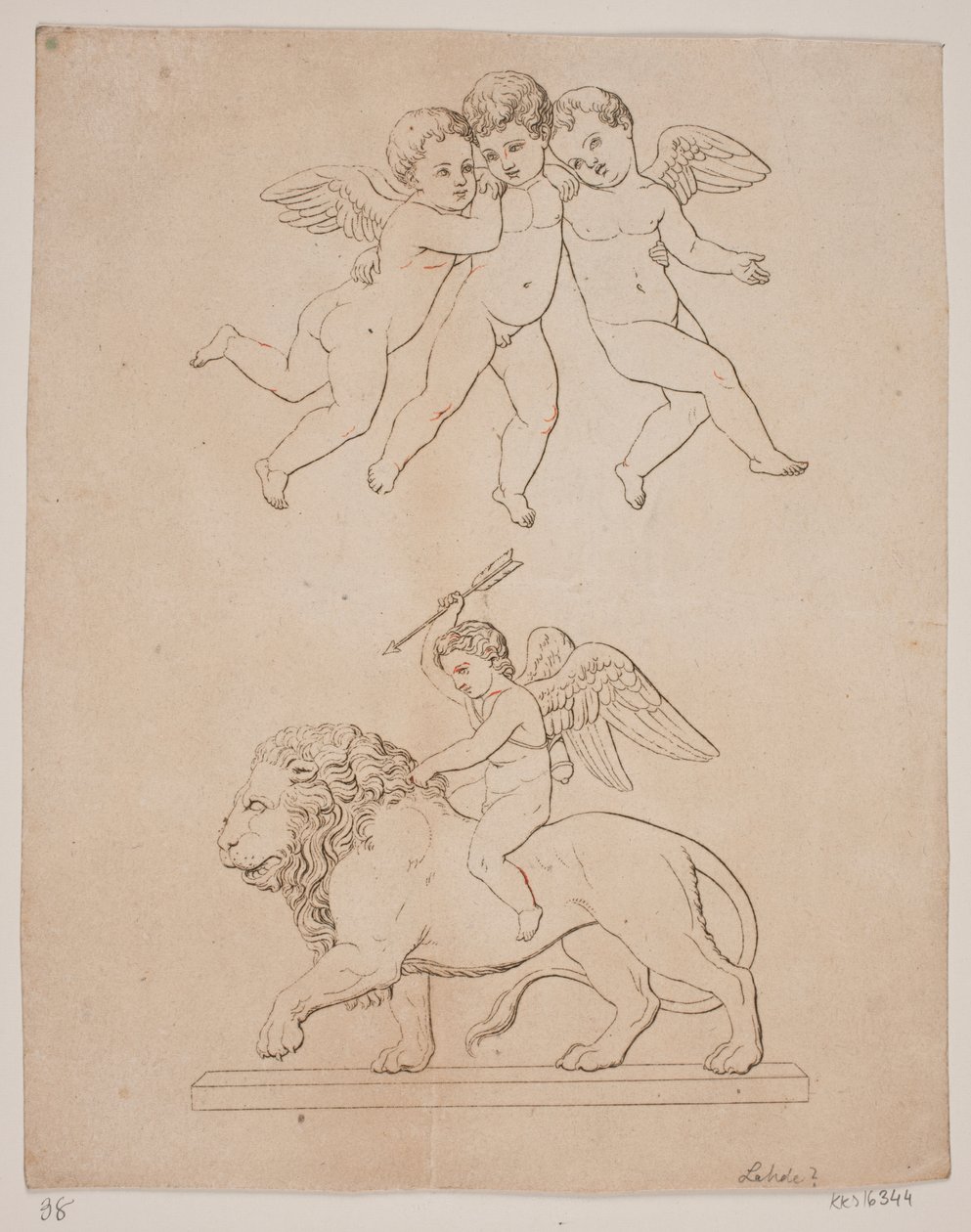 Panel med tre cupids och nedan cupid på ett lejon av Gerhard Ludvig Lahde
