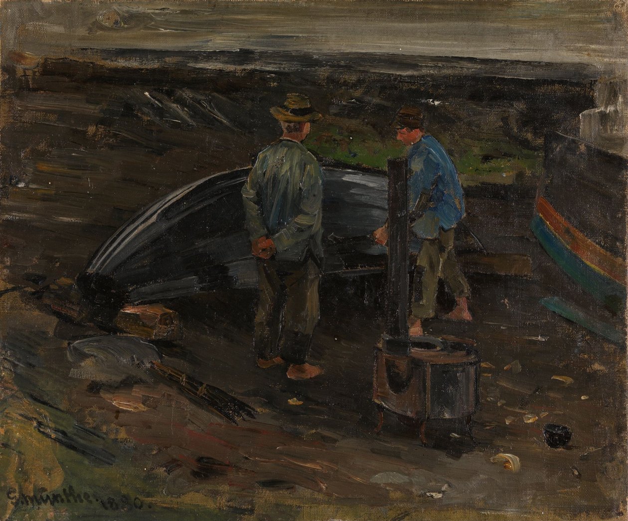 Pojkar som tjärar en båt, Nevlunghavn av Gerhard Munthe