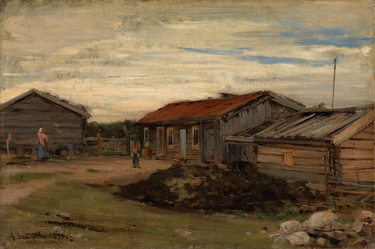 En gård med grå uthus av Gerhard Munthe
