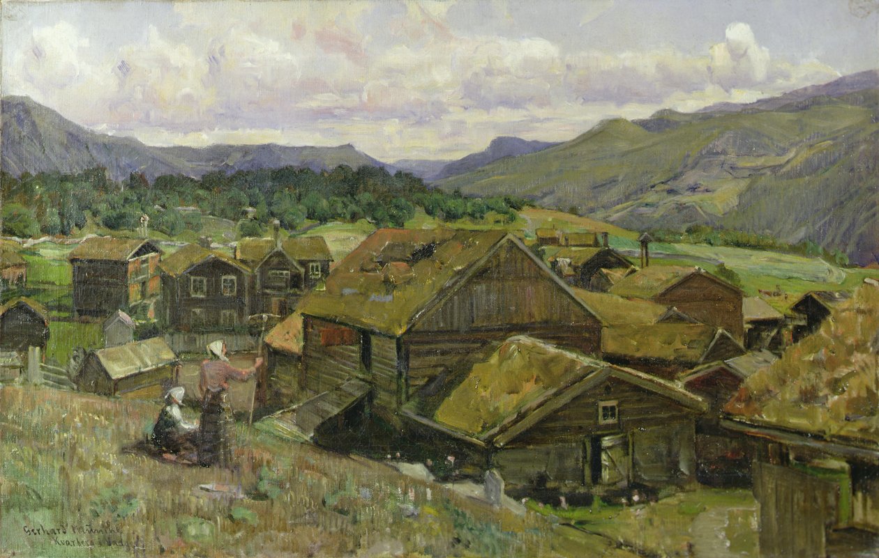 En norsk by med två kvinnor (olja på duk) av Gerhard Peter Frantz Vilhelm Munthe