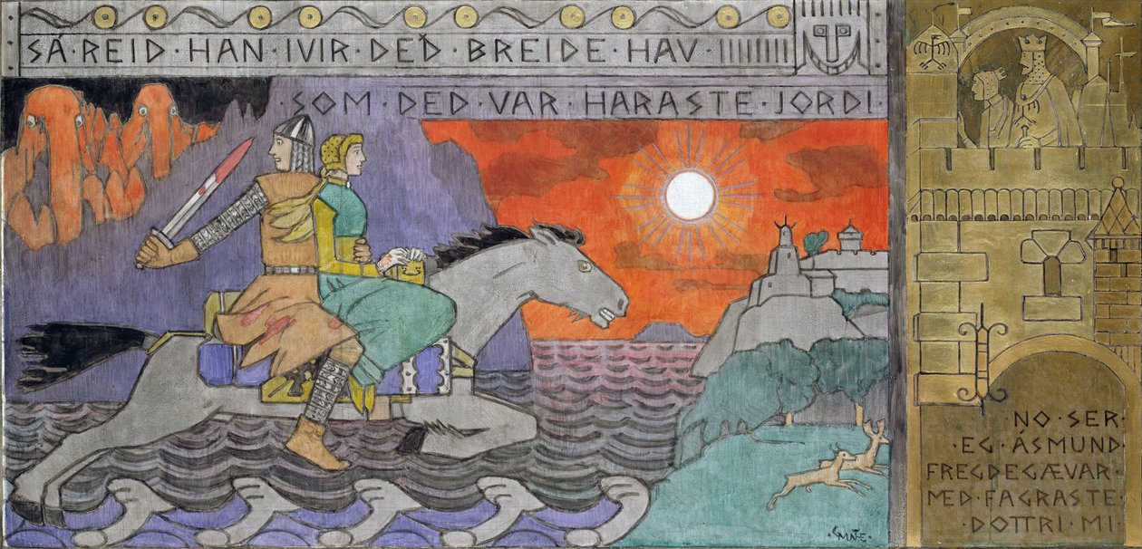 Asmund och prinsessan rider hem - Munthe, Gerhard (1849-1929) - 1902-1904 - Olja på duk - 62x126,5 - Nationalmuseet för konst, Oslo av Gerhard Peter Frantz Vilhelm Munthe