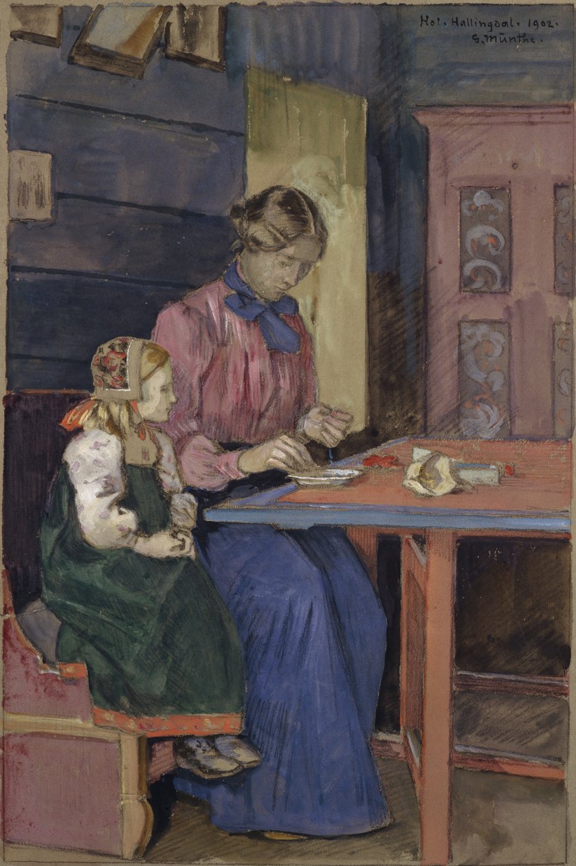 Ung tjej från Hallingdal som lär sig trä pärlor av Gerhard Peter Frantz Vilhelm Munthe