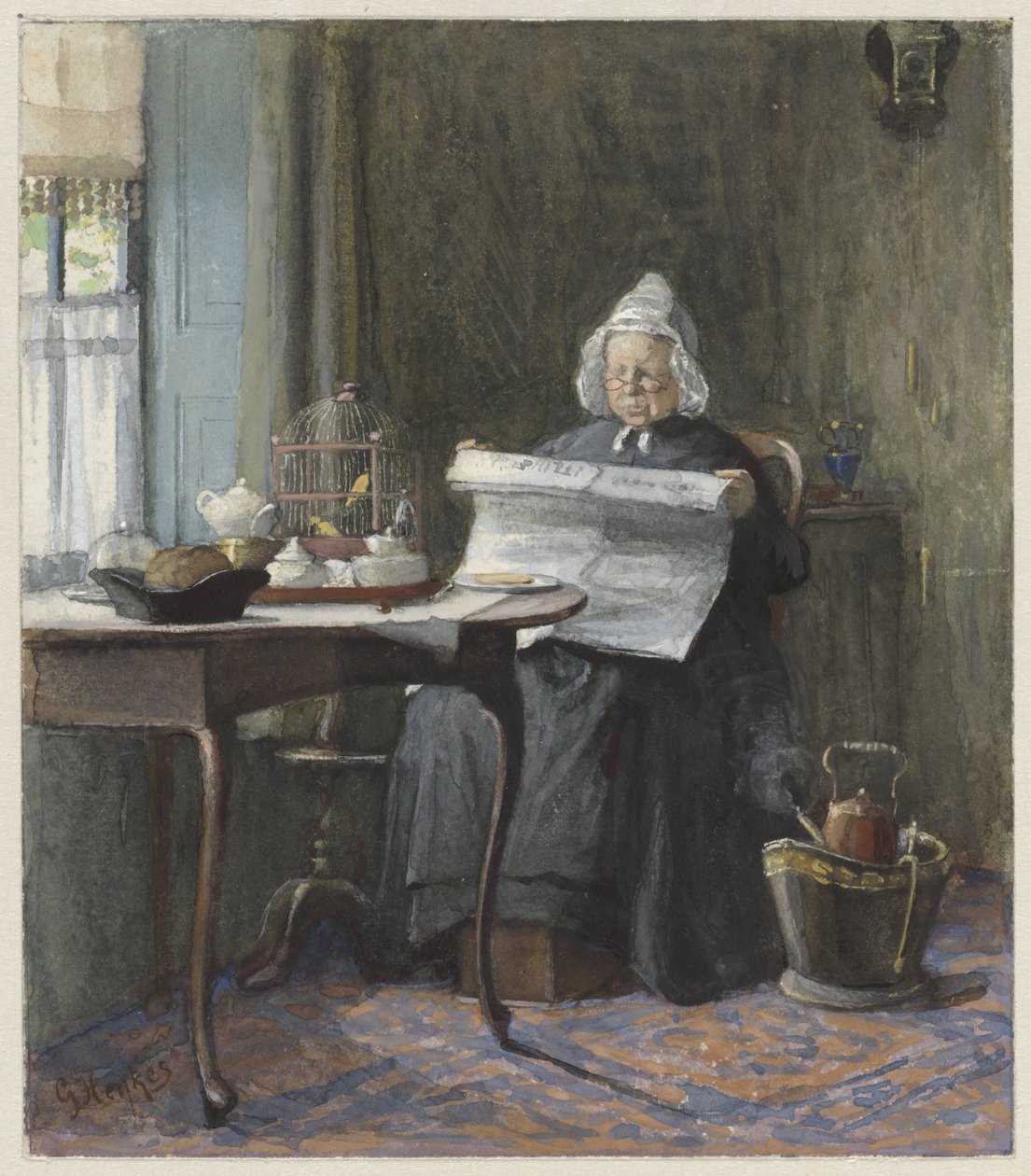 Interiör med en kvinna som läser tidningen av Gerke Henkes