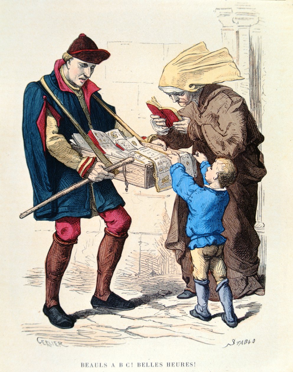 Bokförsäljare på 1400-talet, ur "Costumes de Paris a Travers les Siecles", utgiven 1887 (färggravyr). av Gerlier