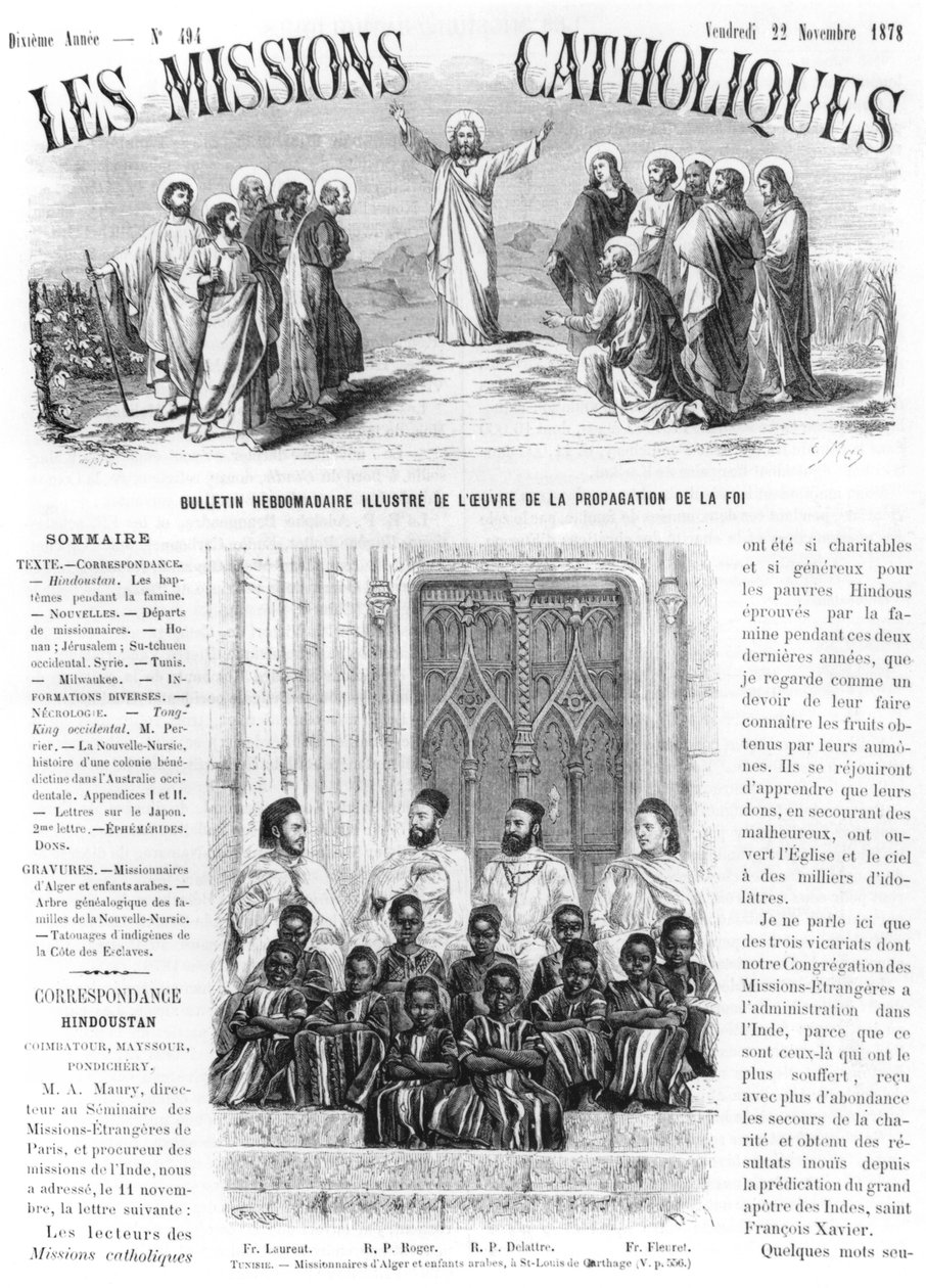 Missionärer från Alger och arabiska barn i St Louis i Karthago i Tunisien, illustration från "Les Missions Catholiques", 22 november 1878. av Gerlier