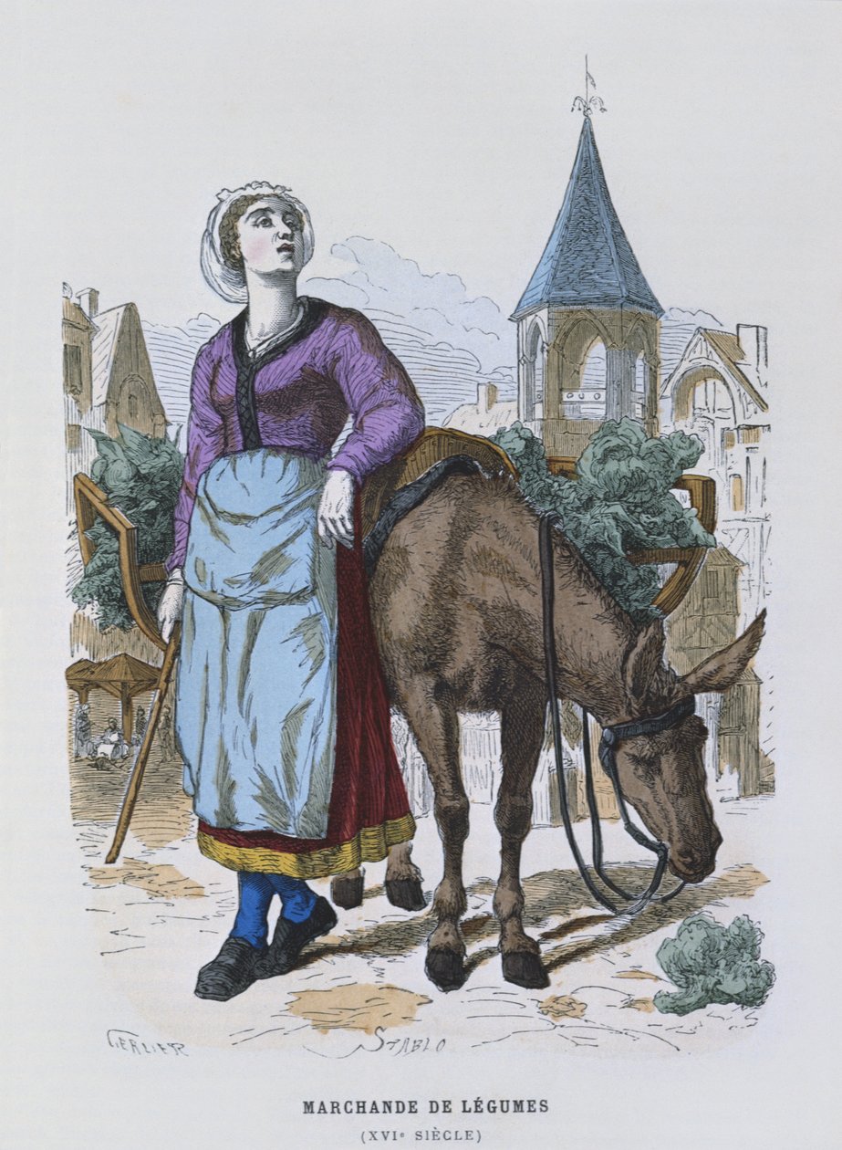 Grönsaksförsäljare på 1500-talet, från "costumes de Paris a travers les siecles". av Gerlier
