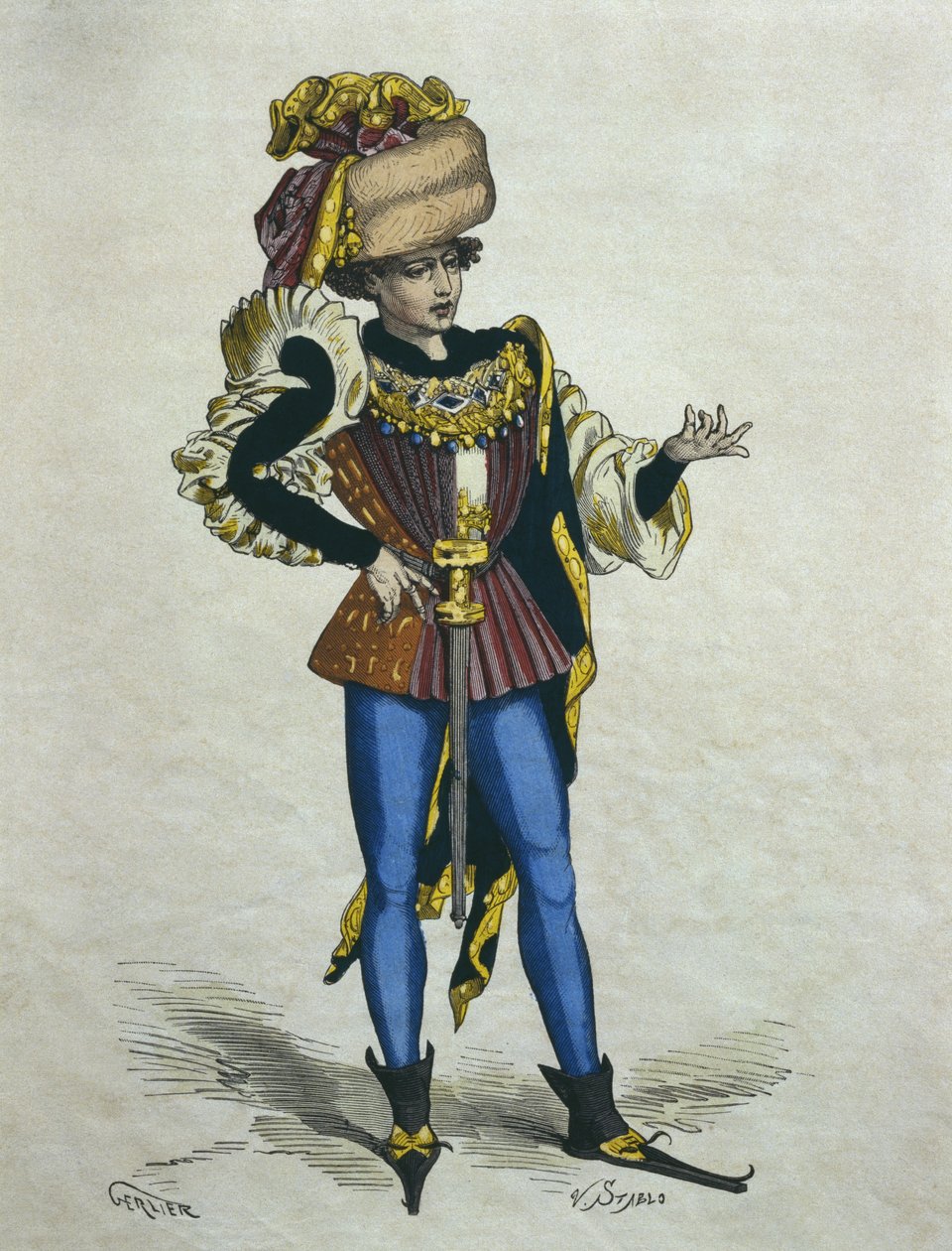 Ung elegant man 1480, illustration från "Costumes de Paris a travers les siecles" av H. Gourdon de Genouillac, graverad av Stablo (1800-talet) (färggravyr) av Gerlier