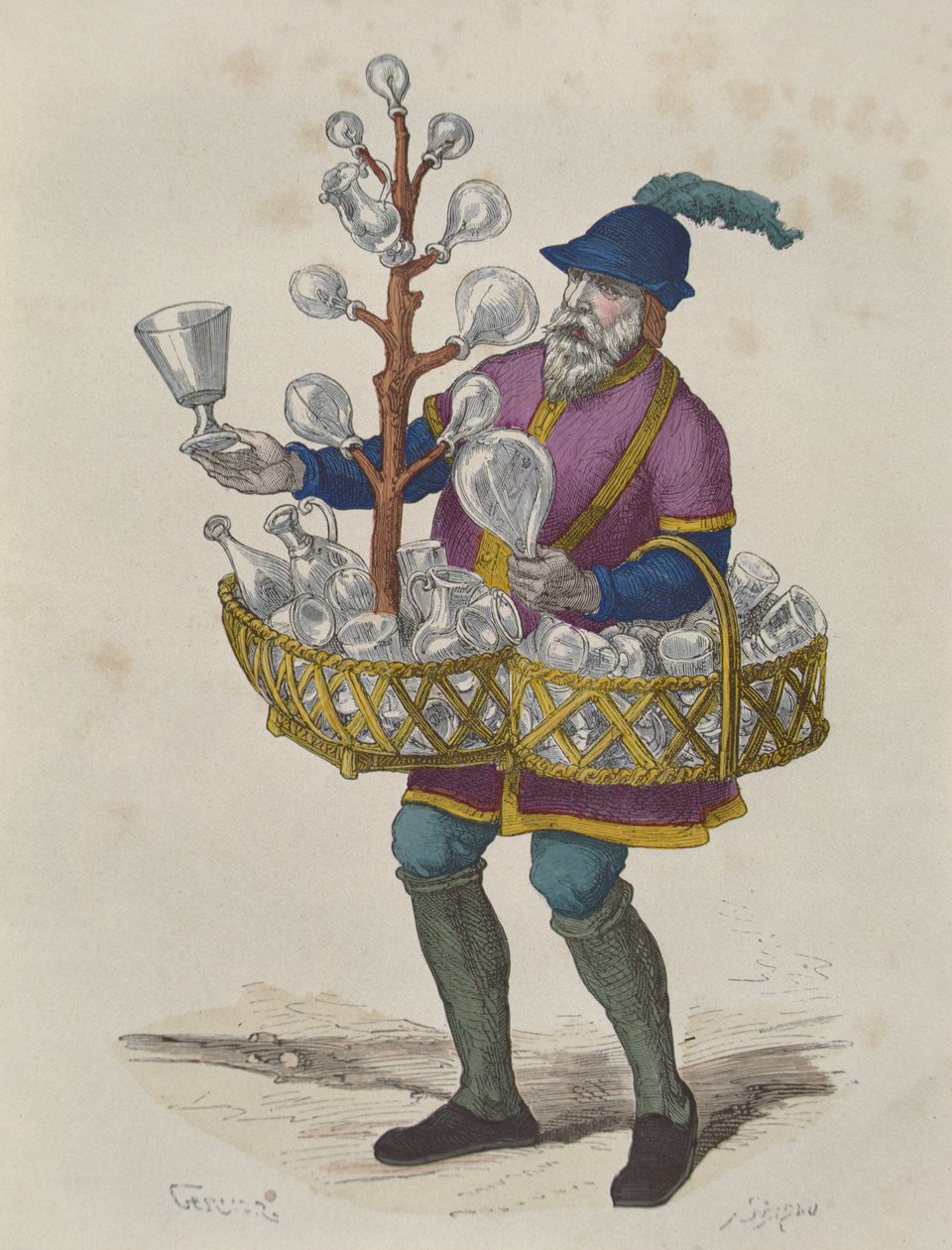 Glas- och kristallsäljare under femtonde århundradet, från Costumes de Paris a Travers les Siecles publicerad 1887 (färggravyr) av Gerlier