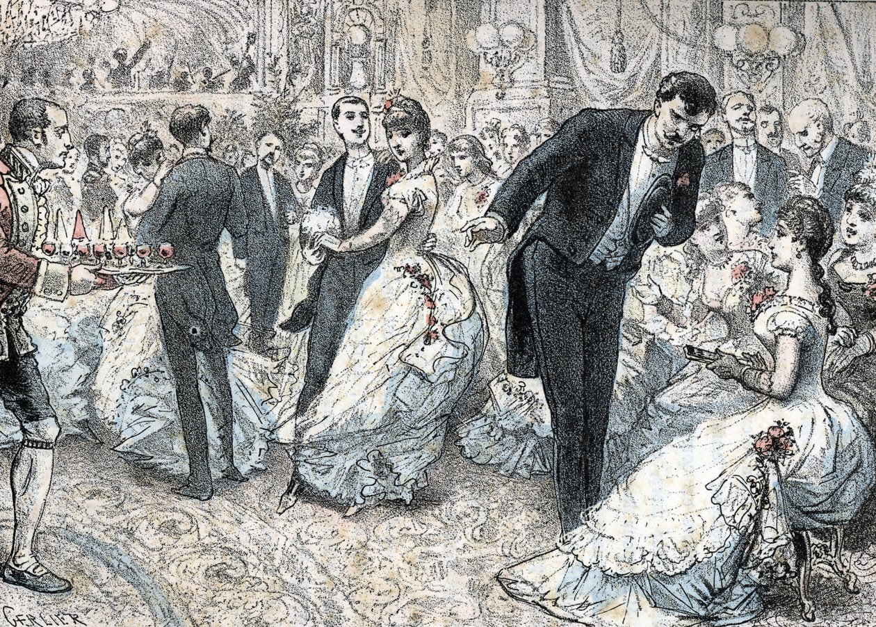 Samhälle och socialt liv: balen runt 1880 (High Society and social life: the ball) gravyr från "The Needs of Life" av Rengade av Gerlier Gerlier