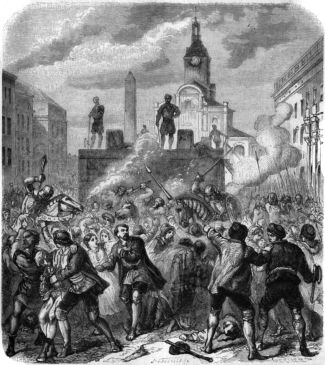 Stockholms blodsutgjutelse, massakrer på svenska nationella motståndsledare beordrade av kung Christian II av Danmark, 8 november 1520: armén försöker stilla befolkningens ilska, tvingad se avrättningarna. Gravyr av Gerlier av Gerlier Gerlier