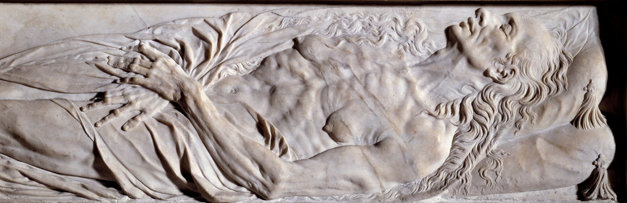 Delar av begravningsmonumentet Valentine Balbiani (1518-1572), hustru till Rene de Birague. Lågrelief i marmor av Germain Pilon
