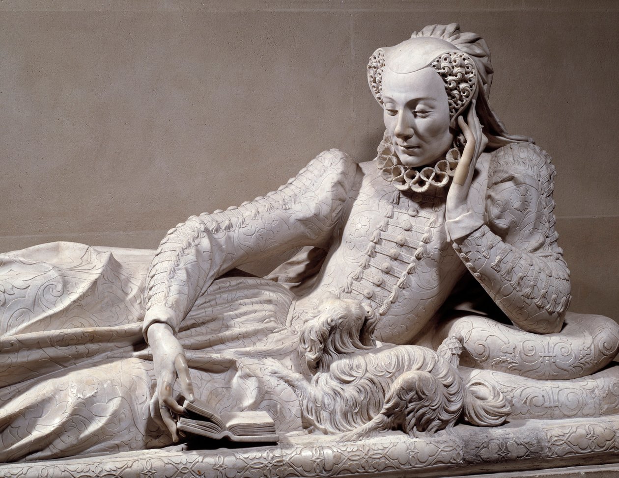 Begravningsmonument: Grav med smak av Jeanne Valentine Balbiani (1518-1572), hustru till kardinal Rene de Birague (1506-1583), Frankrikes kansler. Detalj. Marmorskulptur av Germain Pilon (1535 - 1590), cirka 1573. Paris, Louvren av Germain Pilon