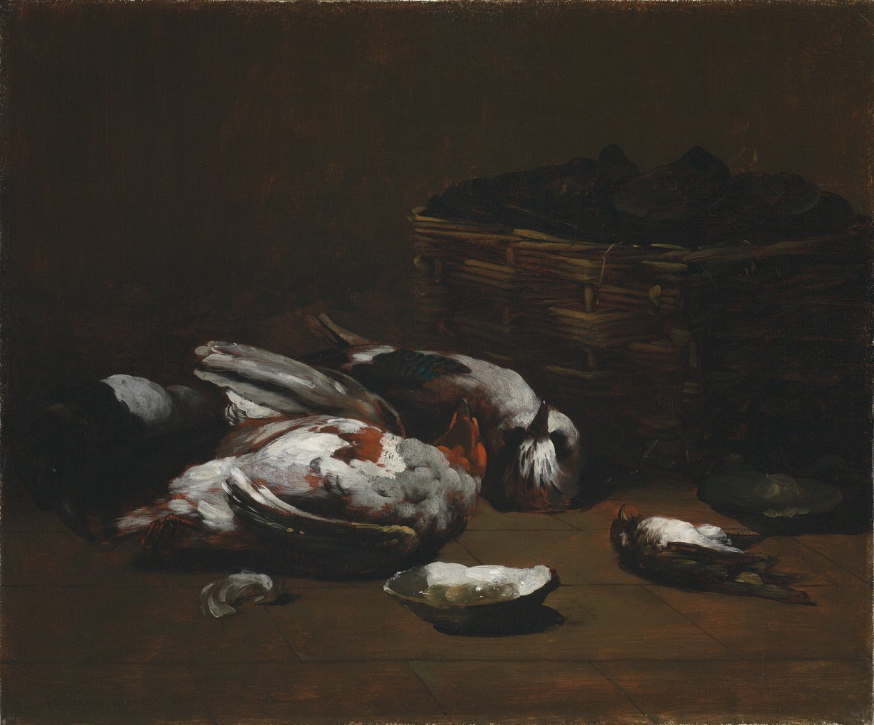 Stilleben med döda fåglar och en korg med ostron av Germain Ribot