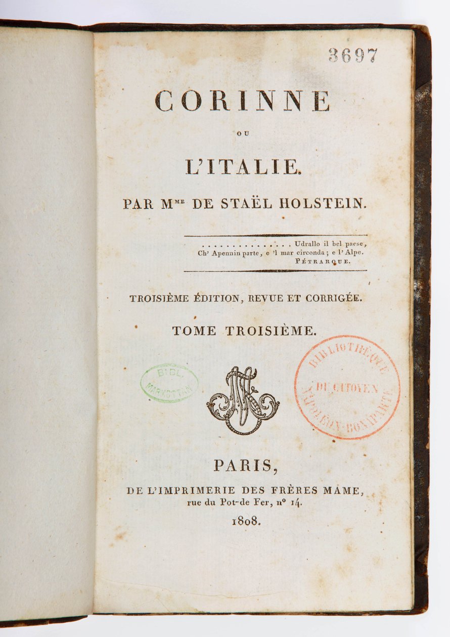 Titelsida av Corinne ou lItalie, 3:e reviderade och förstorade upplagan, 3:e volymen, Imprimerie des Freres Mame, Paris, 1808 (tryckt papper) av Germaine de Stael