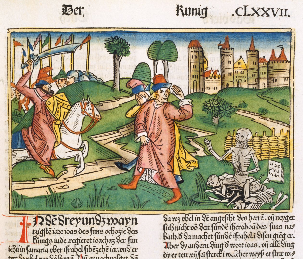 2 Kungaboken 13 21 Miraklet av Elisas grav, från Nürnbergbibeln (Biblia Sacra Germanica) (färgat träsnitt) av German School
