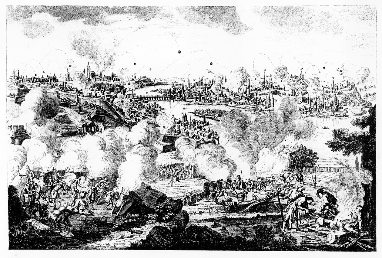 Bombning av Prag under natten mellan den 29 och 30 maj 1757, graverat av P. Benazech av German School
