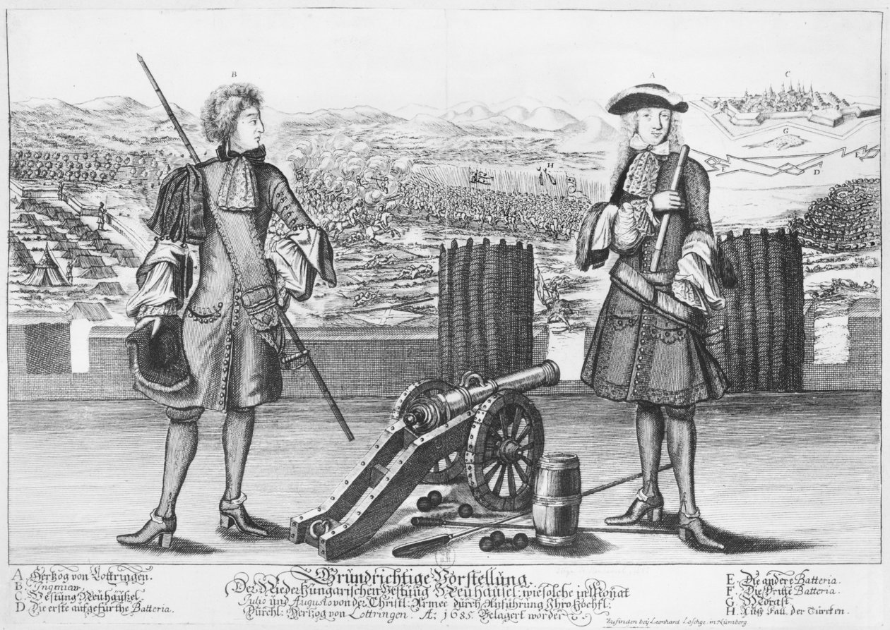 Karl V, hertig av Lorraine och Bar, med en ingenjör, vid slaget vid Neuhausel mot turkarna i juli och augusti 1685 av German School