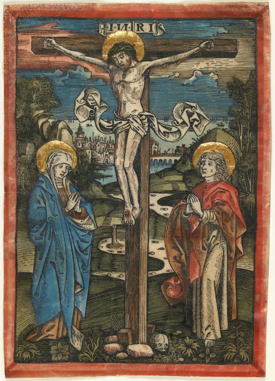 Kristus på korset med Maria og Johannes, fra Missale Defunctorum, ca. 1499 (håndfarvet træsnit på vellum) swed. av German School
