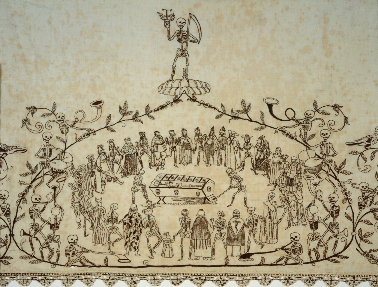 Detalj av Kassler Totentanztuch shroud, 1635-37 (linne, siden och spets) av German School