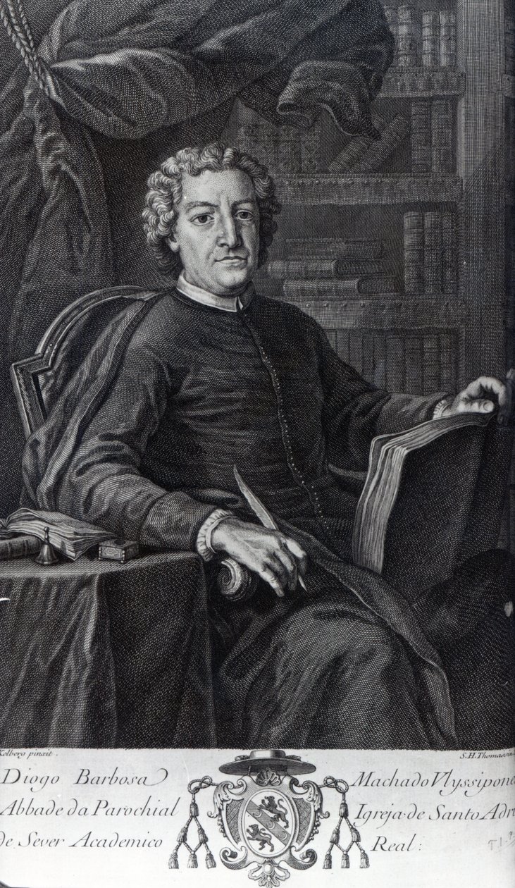 Diogo Barbosa Machado, frontispice till sin "Bibliotheca Lusitana", graverad av Simon Thomassin. av German School