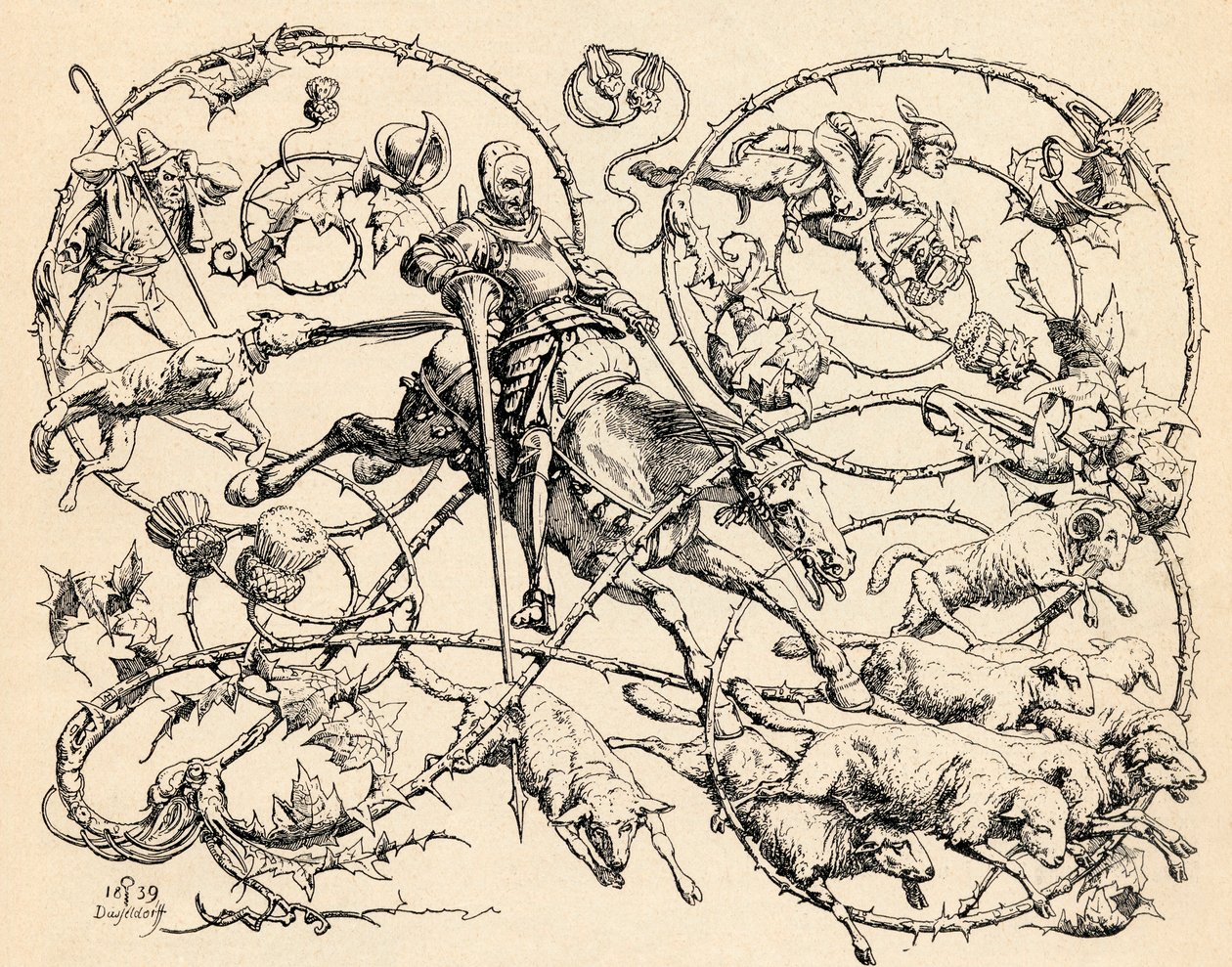 Don Quijote kämpar mot fårhjorden och tror att de är två arméer, 1839, från "The Garden Arbor Family Journal", publicerad 1905 av German School