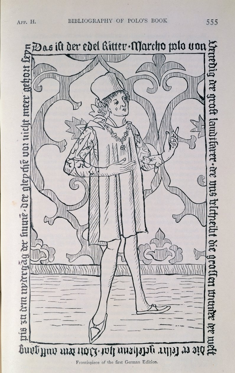 Faksimil av frontispicen från den första tyska upplagan av "The Travels of Marco Polo", Nürnberg, publicerad 1477 av German School