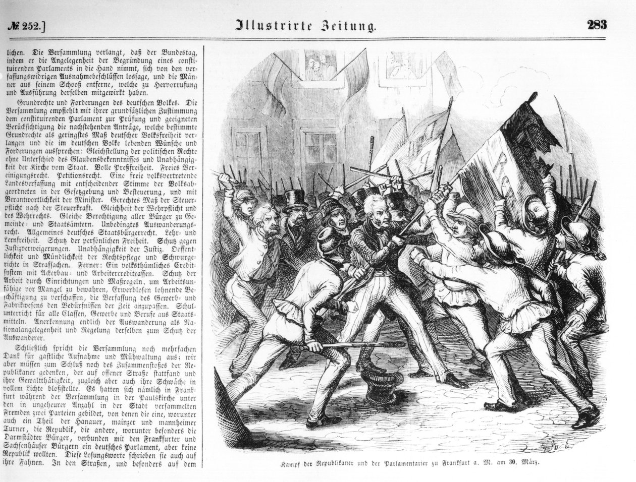 Slagsmål mellan republikanerna och parlamentsledamöterna i Frankfurt-am-Main den 30 mars 1848, illustration från 