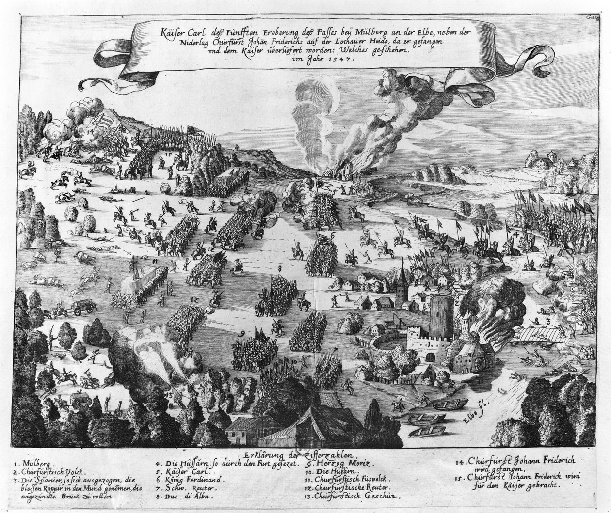 Översikt över slaget vid Muhlberg den 24 april 1547 av German School