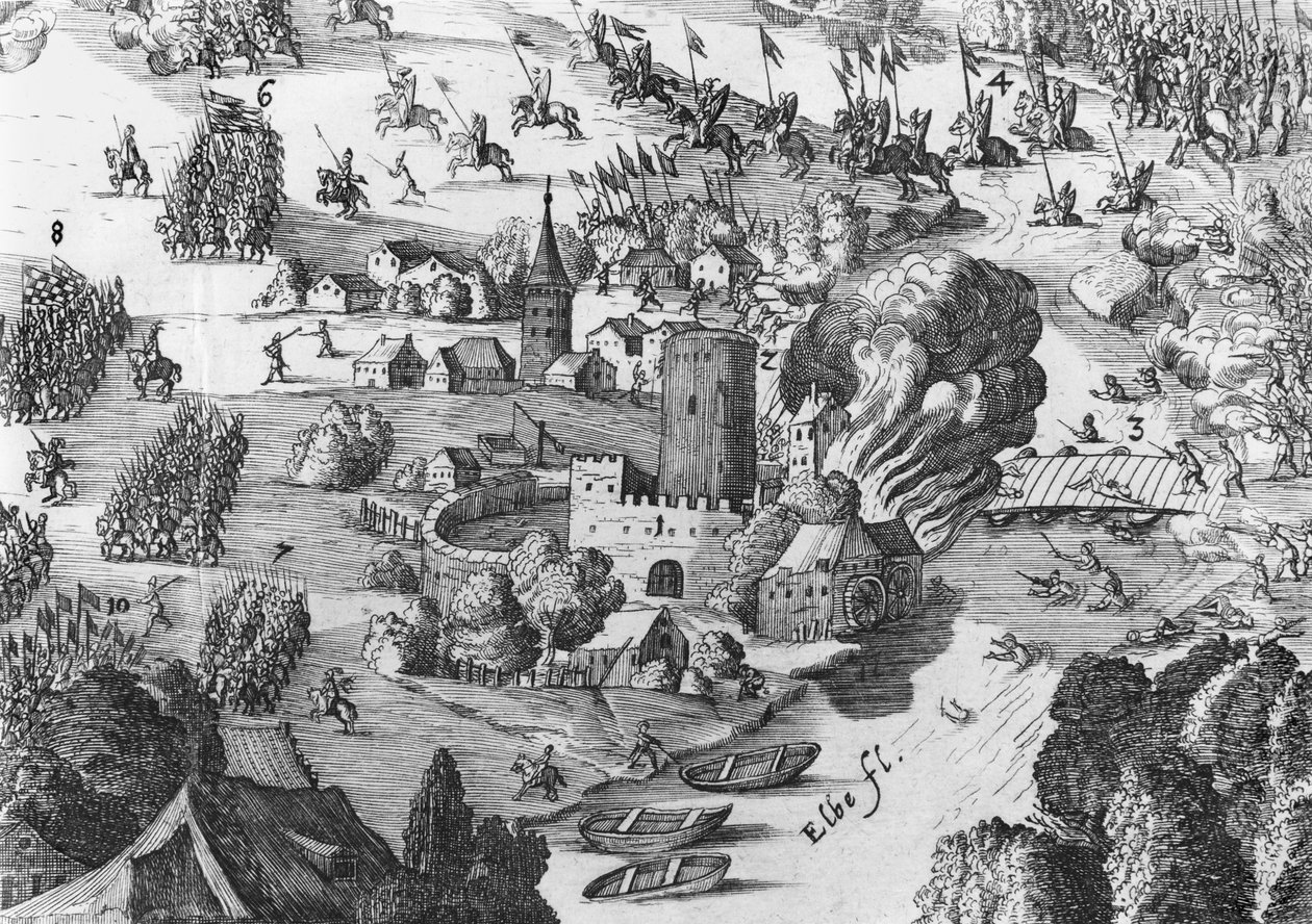 Allmän bild av slaget vid Muhlberg, detalj, 24 april 1547 (se även 217805, 217806) av German School