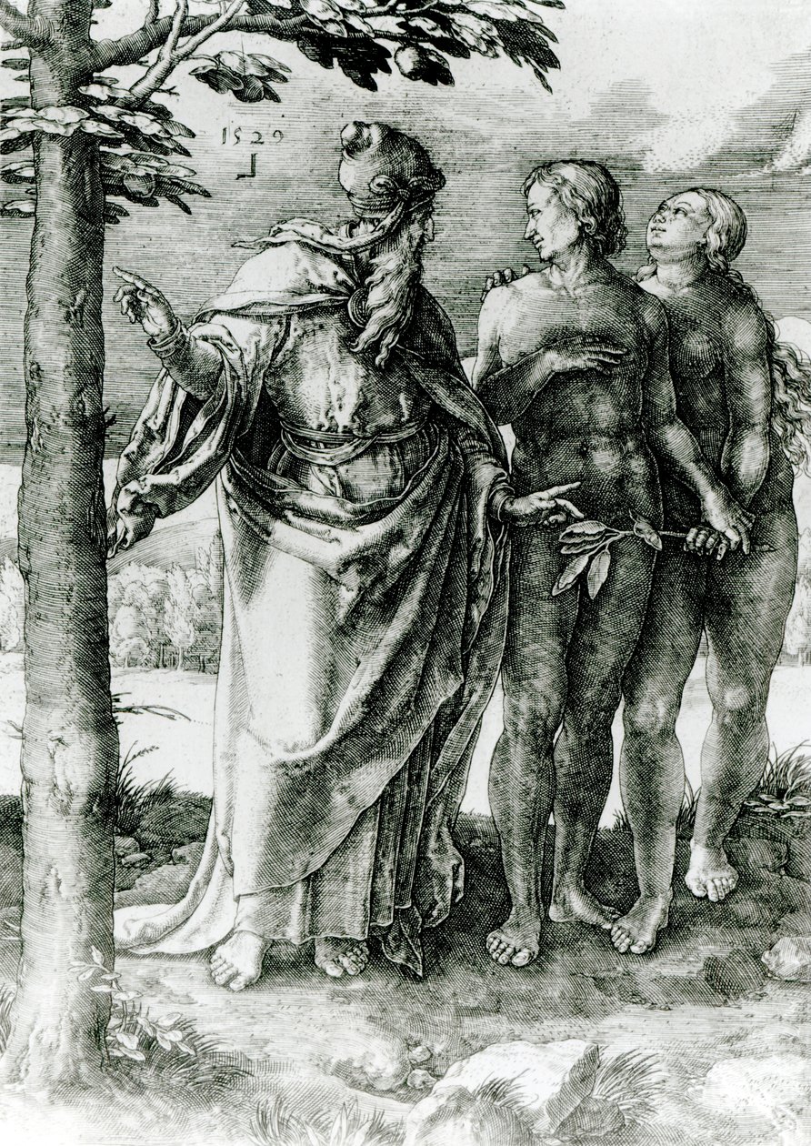 Gud visar Adam och Eva livets träd i Edens lustgård, 1529 av German School