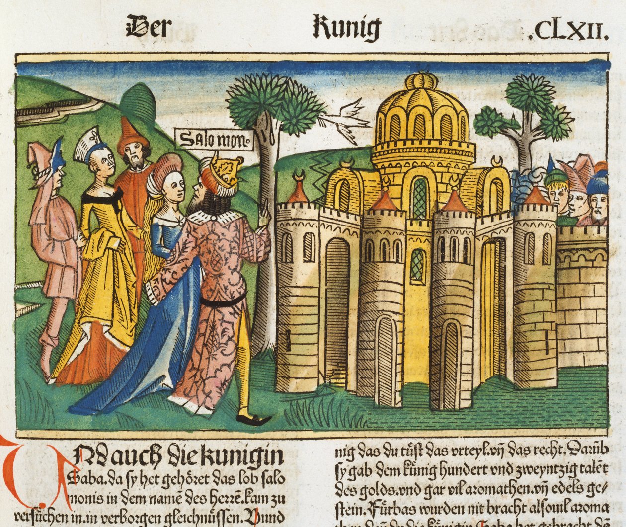 I Kungaboken 10 1-13 Drottningen av Saba besöker Salomo, från Nürnbergbibeln (Biblia Sacra Germanaica) (färgat träsnitt) av German School