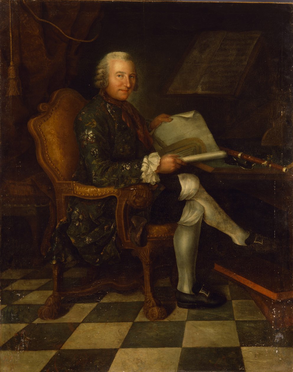 Isaac Egmont von Chasot vid sitt skrivbord (med Fredrik den stores flöjt), 1750 av German School
