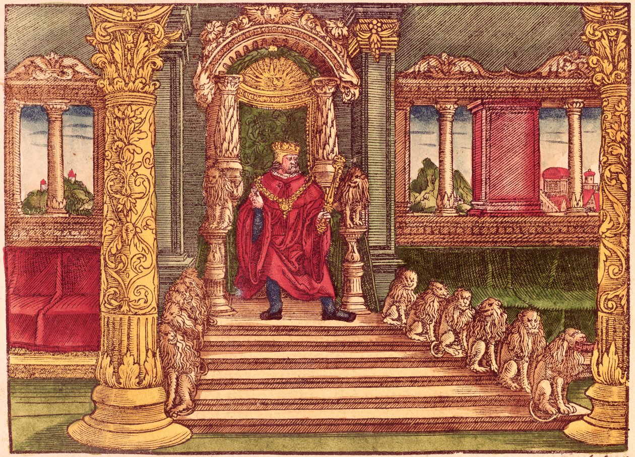 Kung Salomo på sin tron, 1:a upplagan, från Lutherbibeln, ca 1530 (färgat träsnitt) av German School