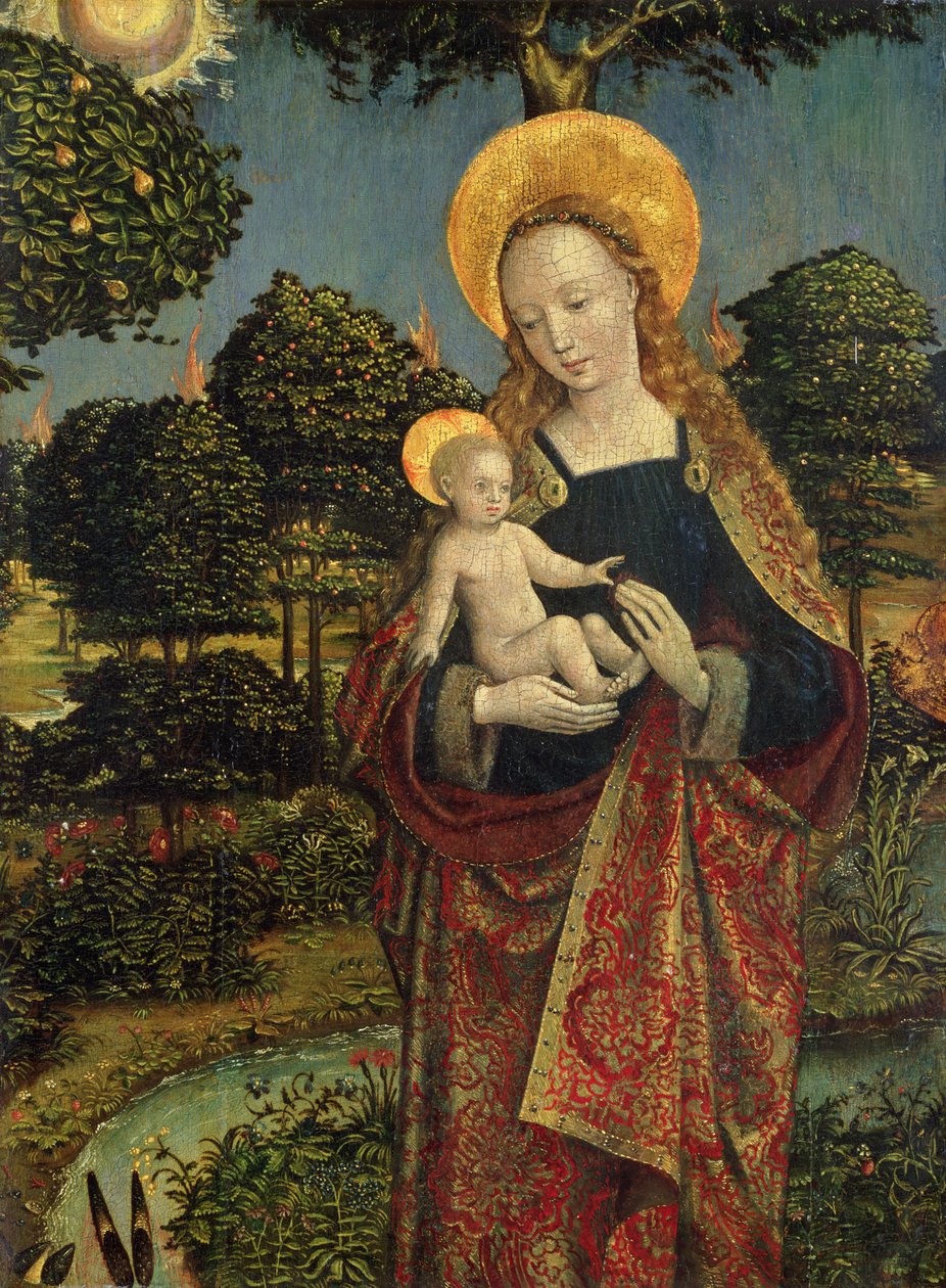 Madonna och barn i ett landskap, 1470 (tempera på panel) av German School