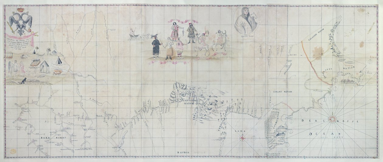 Karta över Sibirien, 1729 (handfärgad gravyr) av German School