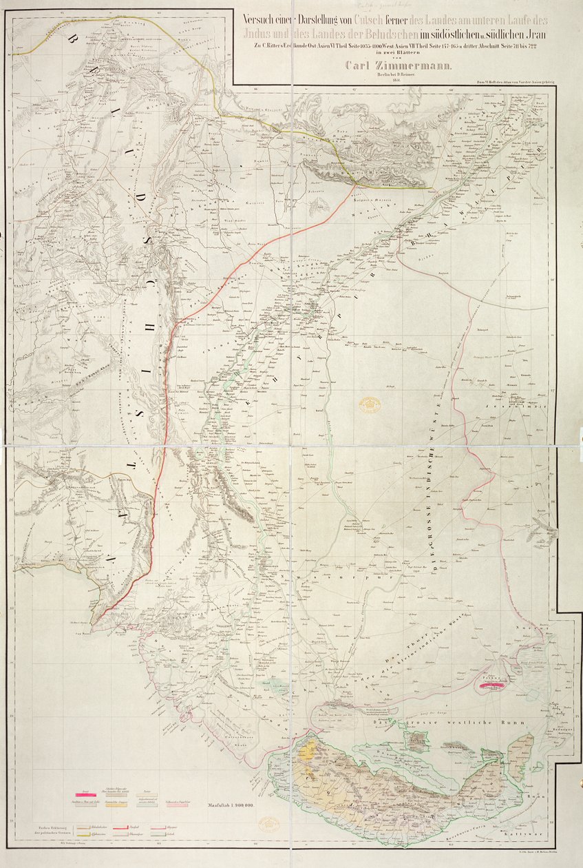 Karta över Cutch-regionen i Indien och dess gräns mot grannlandet Baluchistan, av Carl Zimmerman, 1851 av German School