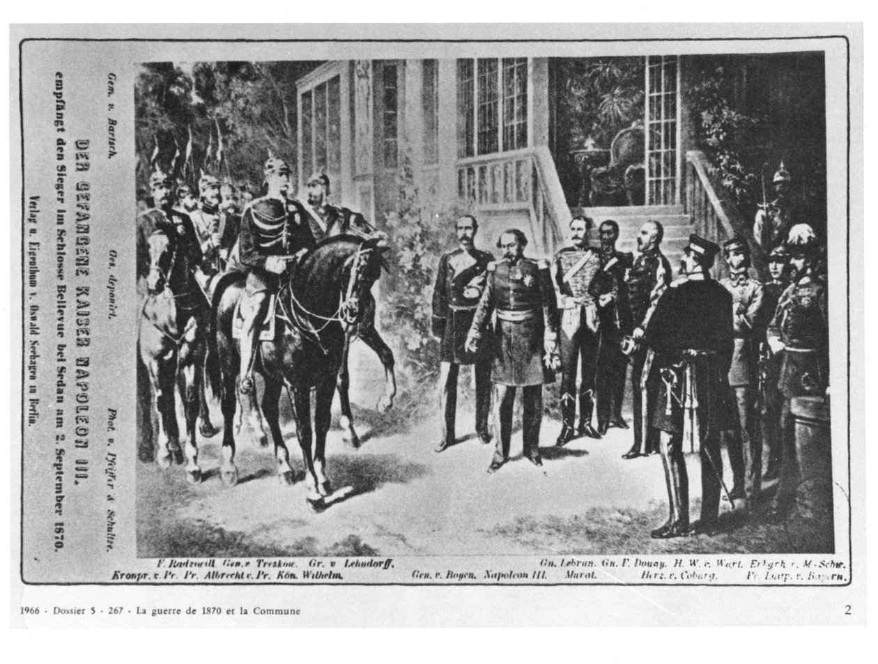 Möte mellan kejsar Napoleon III (1808-73) och Kaiser Wilhelm I (1797-1888) på Bellevue Castle nära Sedan den 2 september 1870 av German School