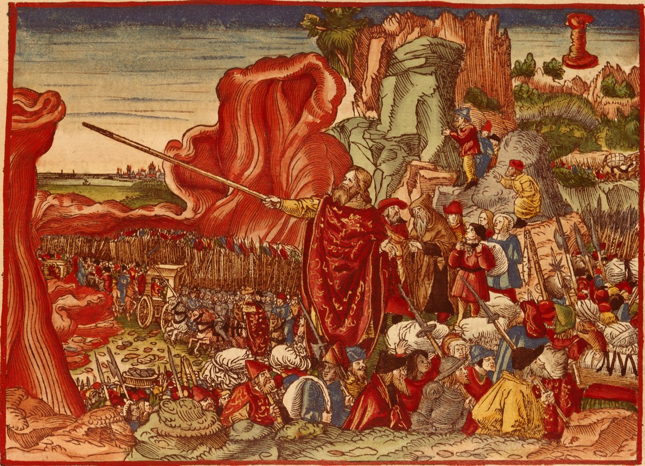 Moses delar Röda havet, bild från Lutherbibeln (handfärgat tryck) av German School