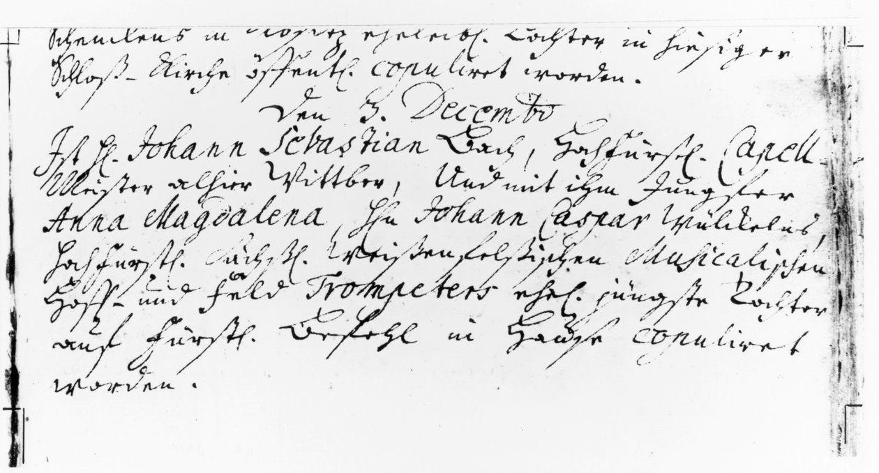 Register över Bachs bröllop med Anna Magdalena Wickeln i kyrkan i Jacobskirche, Koethen, den 3 december 1721 (penna och bläck på papper) av German School