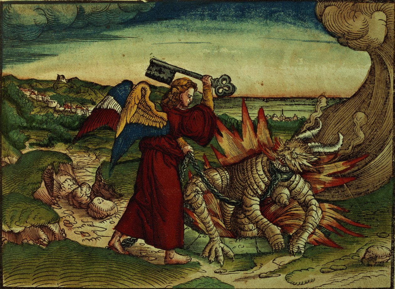 Uppenbarelseboken 20:18 Nyckeln till avgrunden, 1:a upplagan, från Lutherbibeln, ca 1530 (färgat träsnitt) av German School