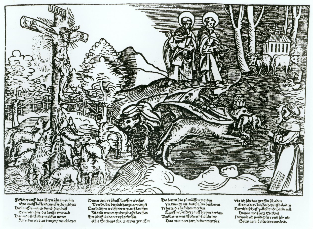 Romersk katolicism och lutheranism kontrasterad, c.1520-21 av German School