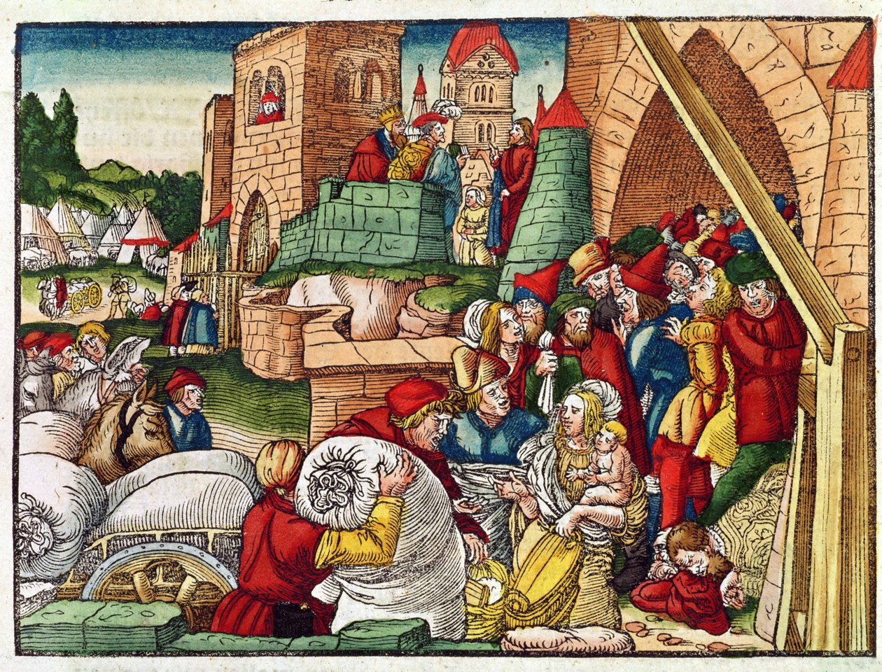 Samaria under belägring, från Lutherbibeln, ca 1530 (färgat träsnitt) av German School