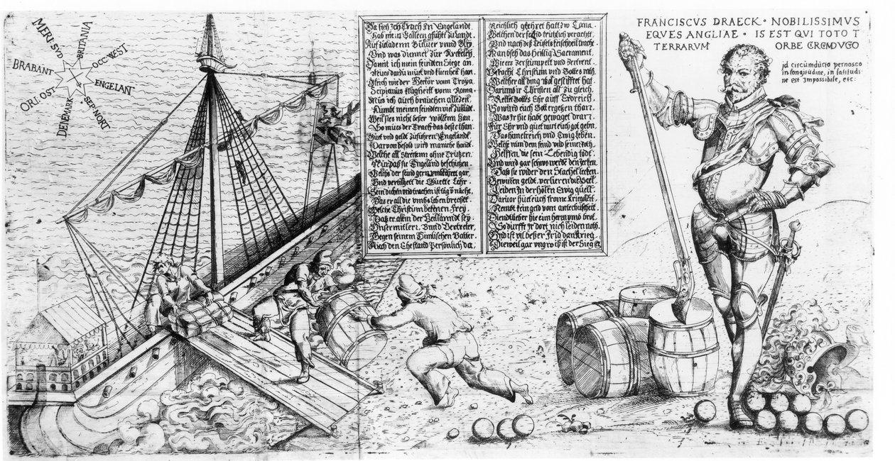 Sir Francis Drake (c.1540-96) bevakar lastningen av sitt fartyg av German School