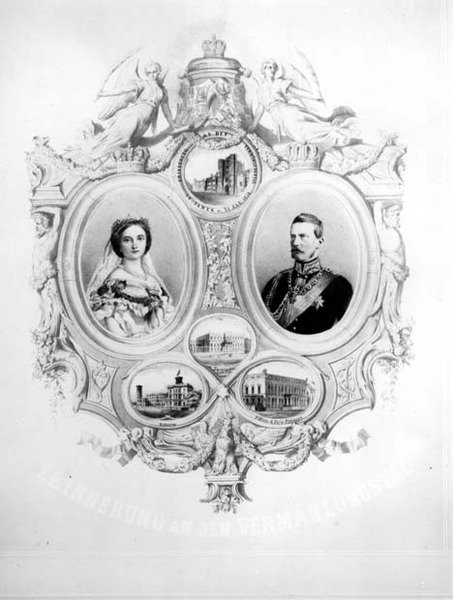 Souvenir av bröllopet av Victoria, Princess Royal (1840-1901) och kronprins Fredrik William av Preussen (1831-88) 25 januari 1858 av German School
