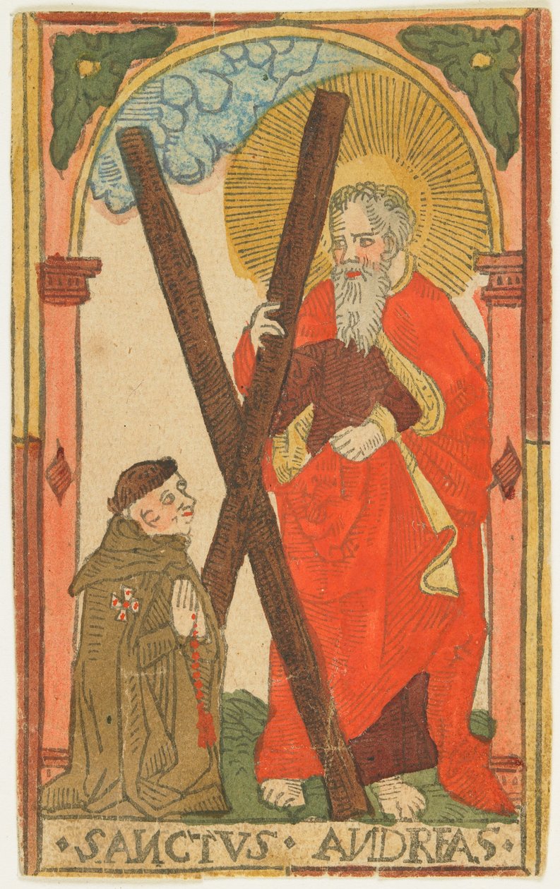 St. Andrew med en munk (Elsass), ca 1500 (handfärgat träsnitt) av German School