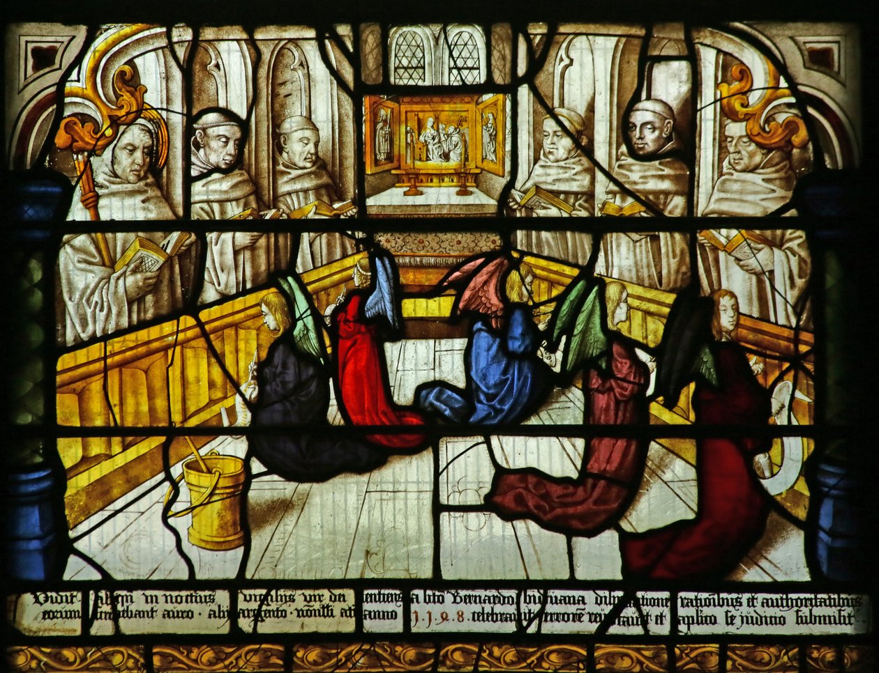 St Bernard har en vision av änglar som övervakar munkarna som sjunger, ca 1500 av German School