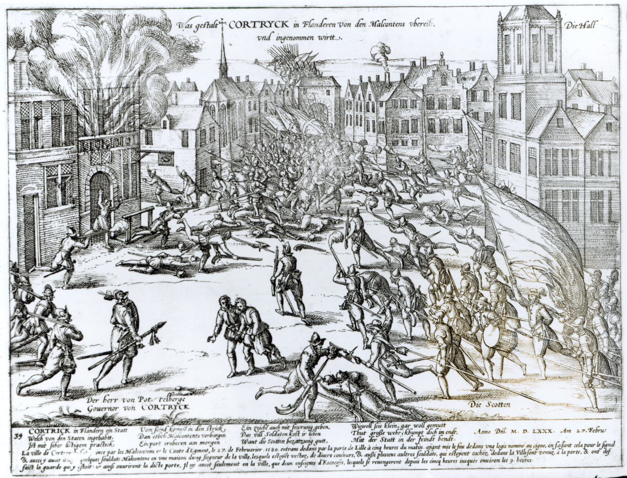 Slaget vid Courtrai mellan fransmännen och flamländarna, 1580 av German School