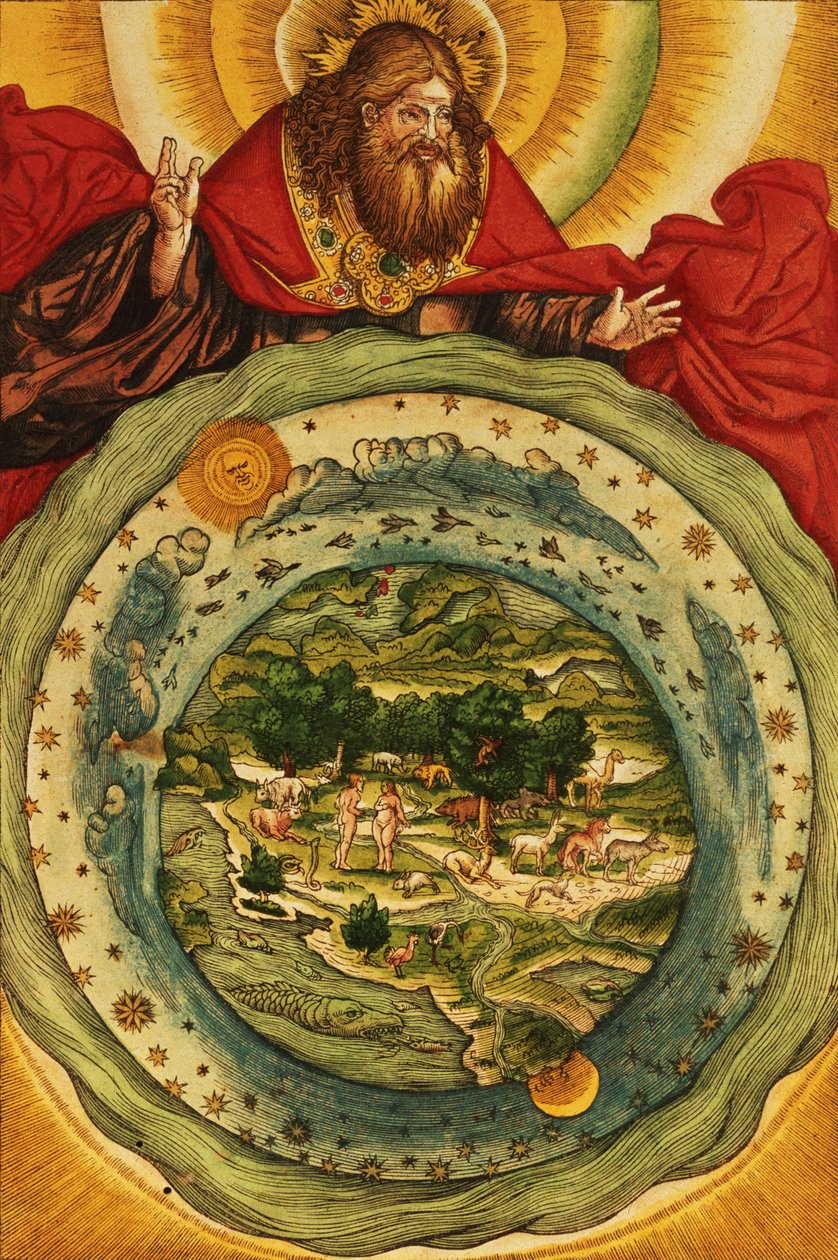 Skapelsen, från Lutherbibeln, ca 1530 (färgat träsnitt) av German School