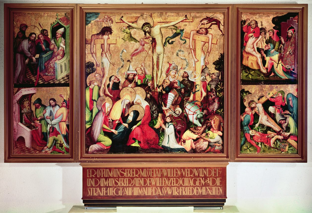 The Crucifixion, triptyk med sidopaneler som visar scener från passionen (tempera på panel) av German School