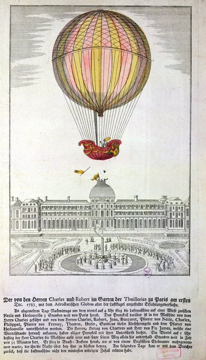 Jacques Charles (1746-1823) och Nicholas Roberts (1761-1828) flykt från Jardin des Tuileries, 1 december 1783 av German School